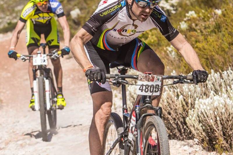 Mountain bikers competing on a trail